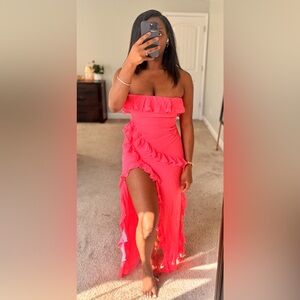 House of CB Pink Ruffle Strapless High Slit Maxi Dress – Size S – NWT